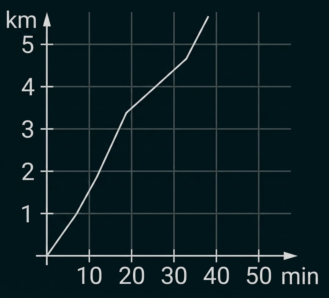Liniendiagramm mit Strecke in km über Zeit in Minuten.